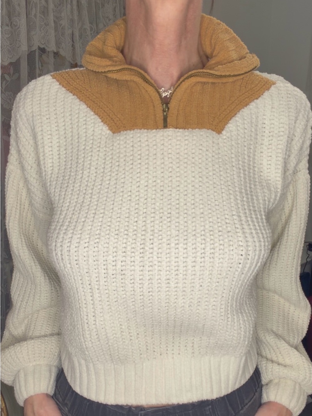 Cream Knit Quarter-Zip Sweater with Mustard Accents